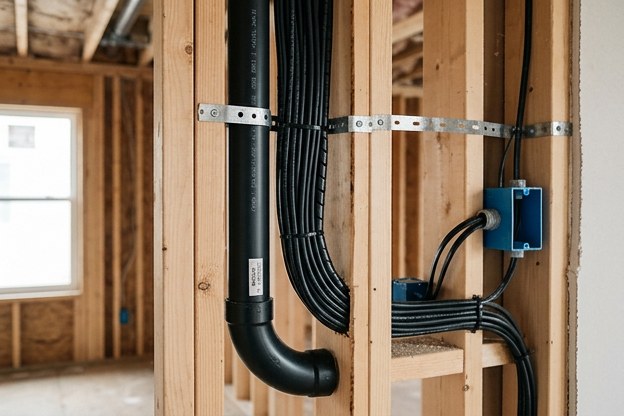 Tidy cable management routed inside a wall cavity