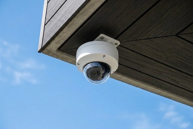 Dome security camera on a building soffit