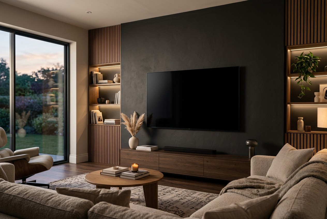 A large flat screen television cleanly wall mounted on a dark feature wall in a modern living room