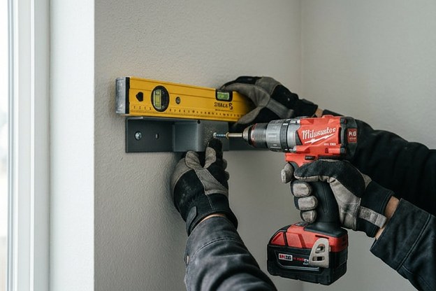 Hands using a drill and spirit level to install a wall bracket