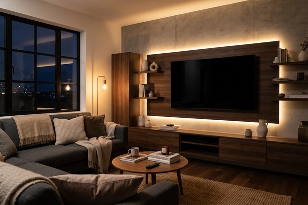 LED accent lighting behind a media wall