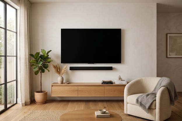Soundbar mounted below a wall mounted television