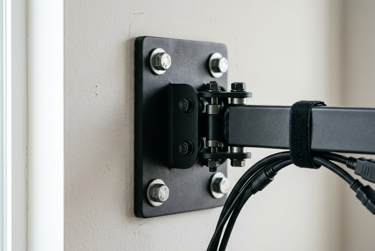 Close-up of a steel articulating TV wall bracket